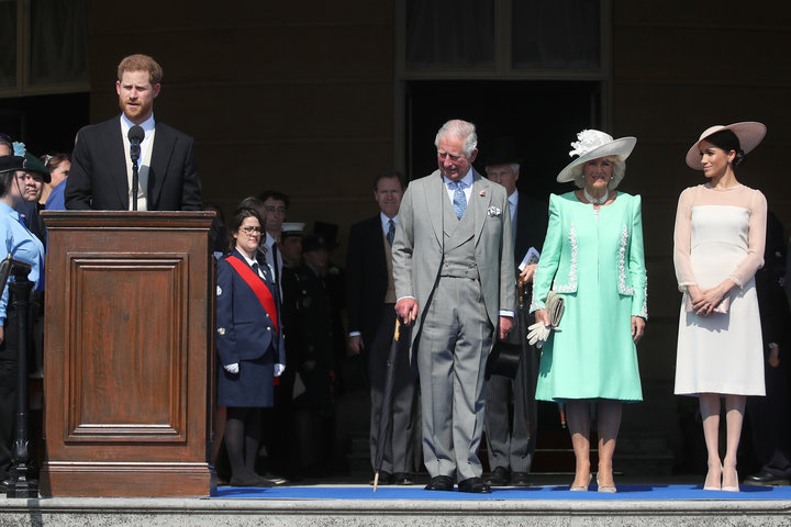 Prince Harry, Prince Charles, the Duchess of Cornwall and the Duchess of Sussex at Charles' 70th birthday patronage celebrati