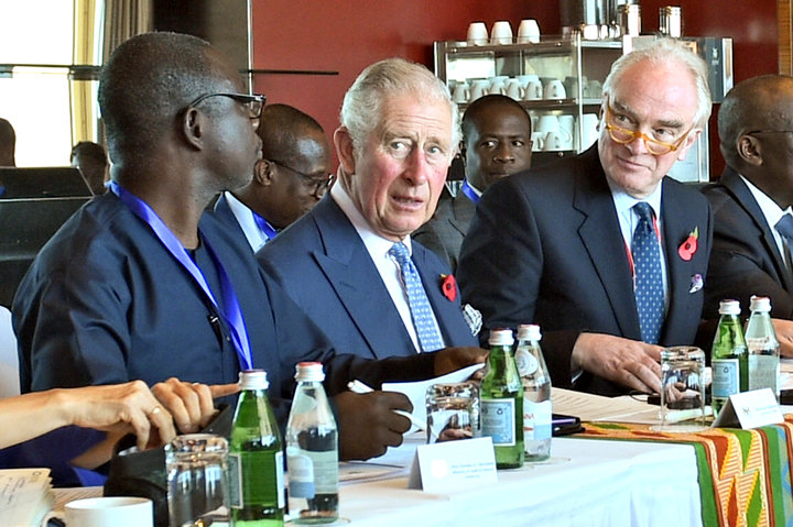 Prince Charles attends a meeting to discuss the cocoa industry at the Movenpick Hotel on Nov. 5 in Accra, Ghana. He is on a n