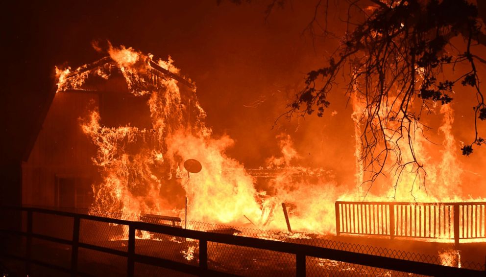 PHOTO: A home burns as overnight firefighters battle the Santa Rosa fire into the morning in Southern California, Nov. 9, 2018.