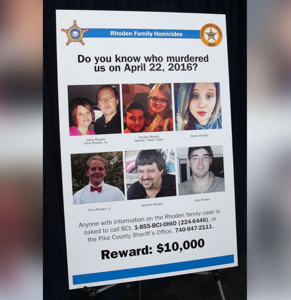 PHOTO: A poster asking for information about the 2016 unsolved killings of eight family members in southern Ohio, is displayed at the Ohio Attorney Generals Office during a press conference, April 13, 2017, in Columbus Ohio.
