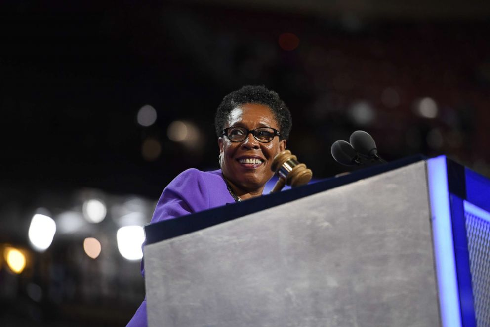 PHOTO: Marcia Fudge, chair of the Democratic National Convention, swings the gavel during the Democratic National Convention (DNC) in Philadelphia, July 26, 2016. 