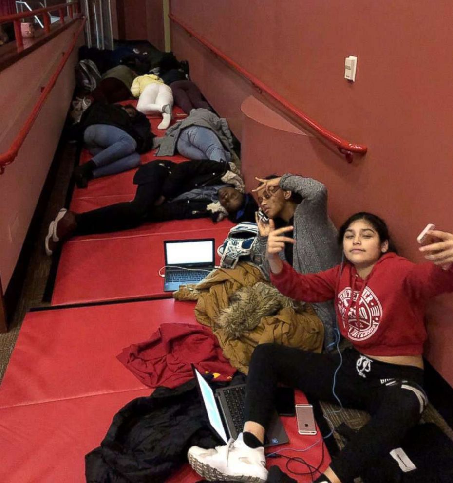 PHOTO: Students made use of the gym mats at Liberty Middle School in West Orange, New Jersey, Nov. 15, 2018 after some students spent the night during a snow storm.