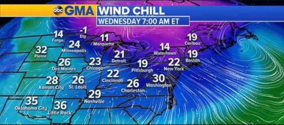 PHOTO: Wind chills will be in the teens and 20s across much of the eastern U.S. on one of the busiest travel days of the year.
