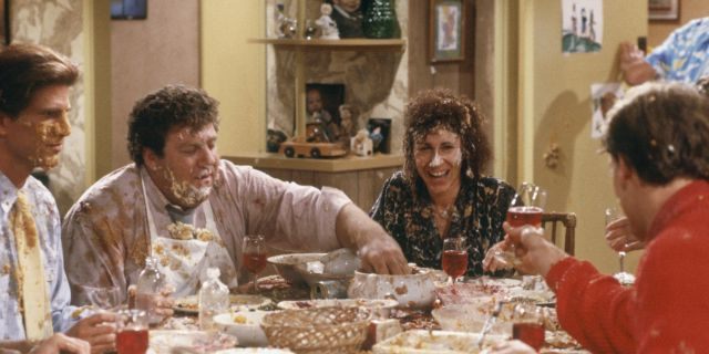 "Thanksgiving Orphans" Episode 9 -- Pictured: (l-r) Ted Danson as Sam Malone, George Wendt as Norm Peterson, Rhea Perlman as Carla Tortelli, Woody Harrelson as Woody Boyd.