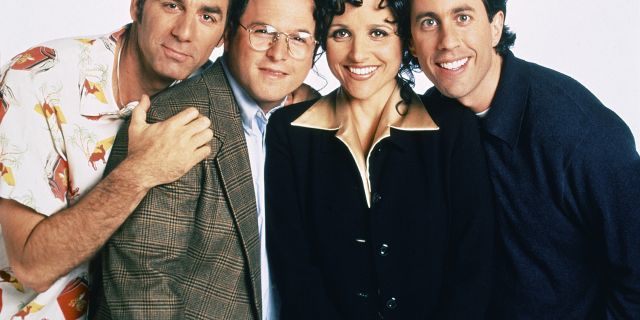 SEINFELD -- Season 9 -- Pictured: (l-r) Michael Richards as Cosmo Kramer, Jason Alexander as George Costanza, Julia Louis-Dreyfus as Elaine Benes, Jerry Seinfeld as Jerry Seinfeld.