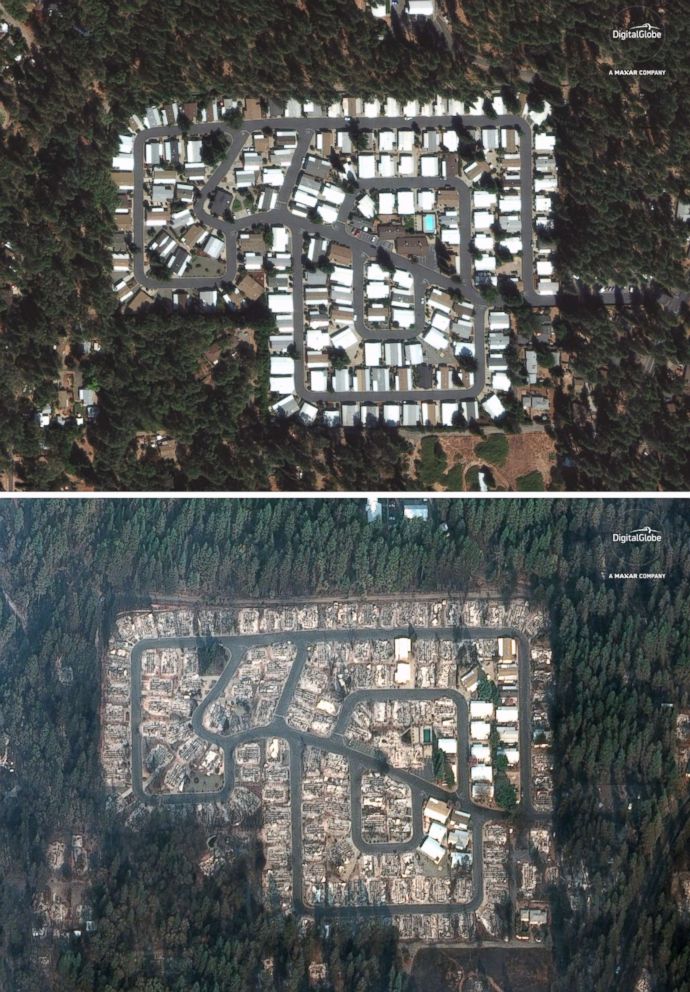 PHOTO: A Sept. 10, 2018, image of the Kilcrease circle community in Paradise, Calif., compared to a Nov. 17, 2018 image this area was destroyed by the deadly Camp Fire.