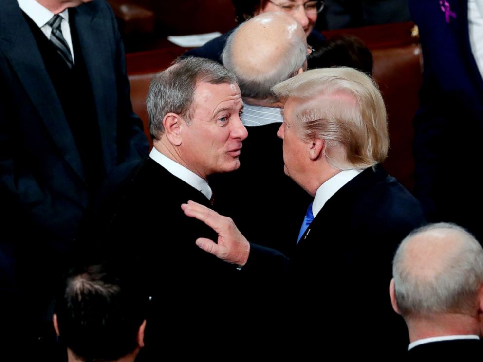 PHOTO: Supreme Court Chief Justice John Roberts talks with President Donald Trump as he departs after delivering his State of the Union address to a joint session of the U.S. Congress on Capitol Hill in Washington, Jan. 30, 2018.