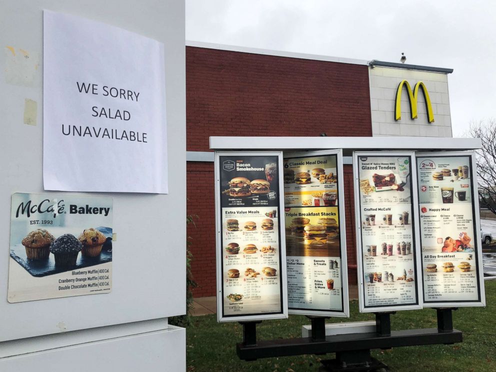 PHOTO: A sign at the drive-thru at a McDonalds restaurant announces We Sorry Salad Unavailable in Somerville, Mass., Nov. 26, 2018. 