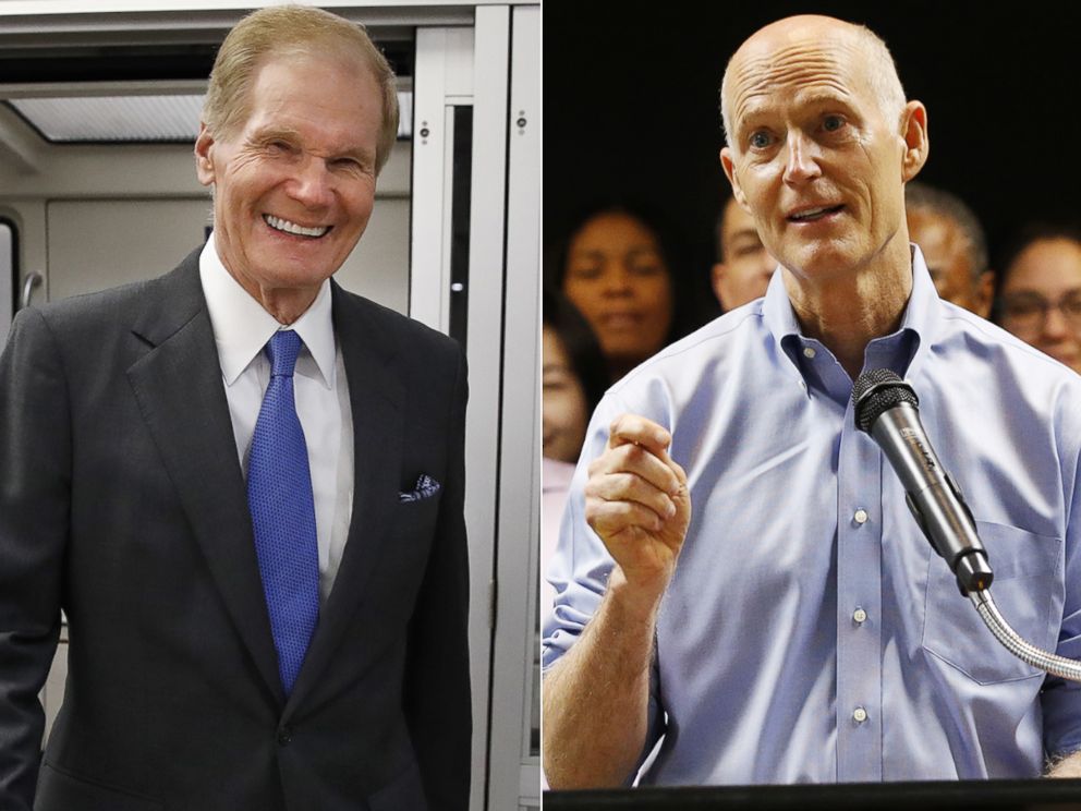 PHOTO: Sen. Bill Nelson, D-Fla., exits the Senate subway en route to a vote on Capitol Hill, June 20, 2018. Florida Gov. Rick Scott, center, speaks during a news conference, Aug. 22, 2018, in Fort Lauderdale, Fla.