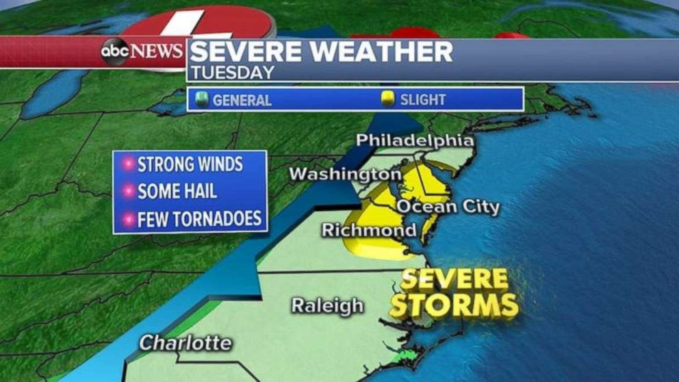 Severe weather is expected today for much of the Eastern Seaboard.