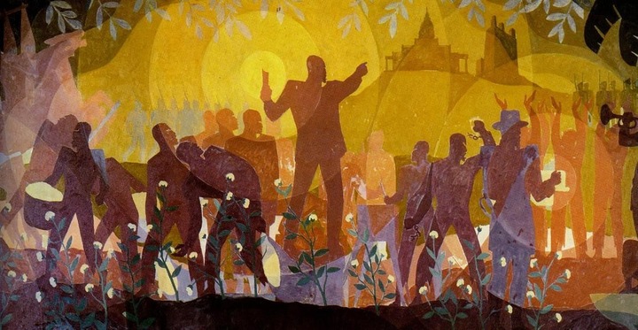 Aaron Douglas. &quot;Aspects of Negro Life: From Slavery to Reconstruction.&quot; Oil on canvas, 1934. <a rel="nofollow" href