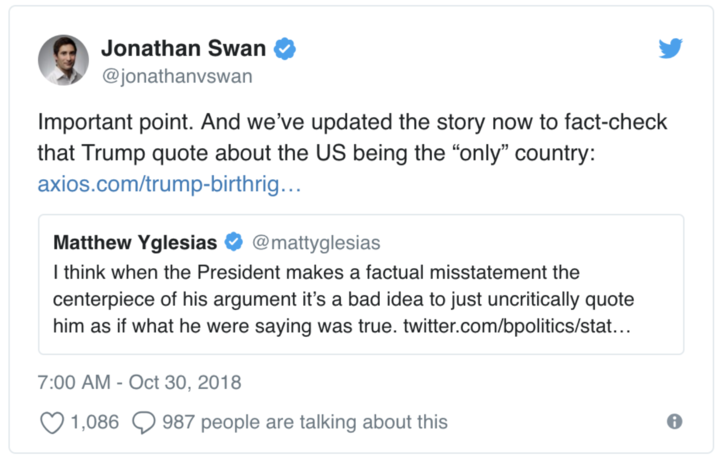 Jonathan Swan responds to a since-deleted tweet from journalist Matthew Yglesias.