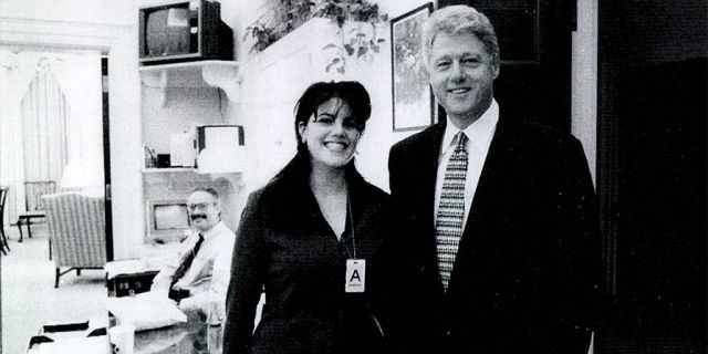A photograph showing former White House intern Monica Lewinsky meeting President Bill Clinton at a White House function submitted as evidence in documents by the Starr investigation and released by the House Judiciary committee September 21, 1998.