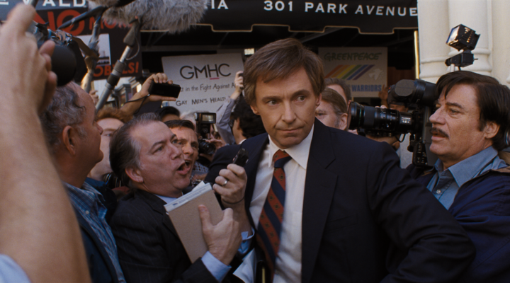 Hugh Jackman as an embattled Gary Hart besieged by the media in "The Front Runner."