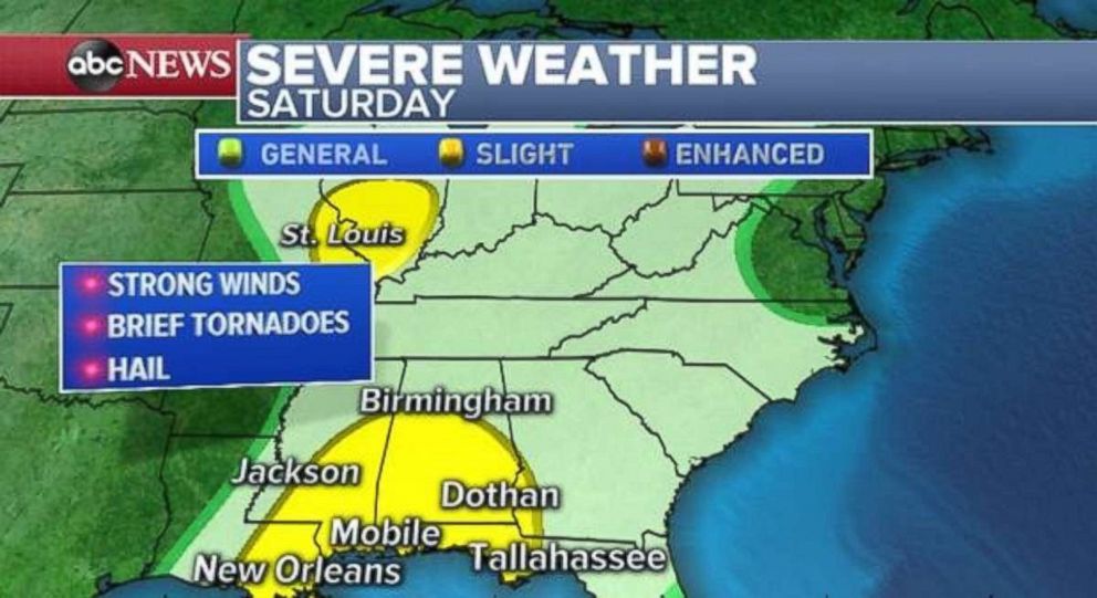 PHOTO: A slight risk for severe weather exists along the Gulf Coast and in southern Illinois on Saturday.