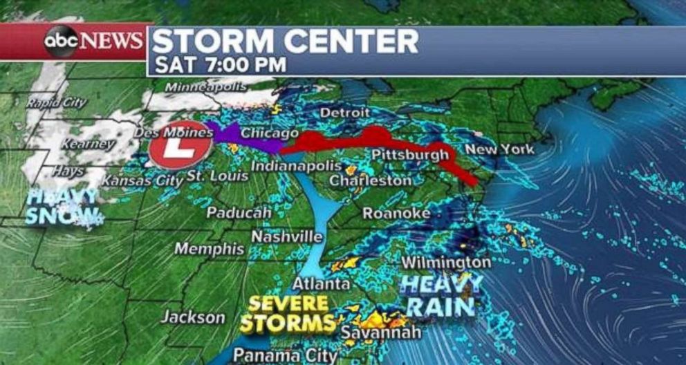 PHOTO: Severe storms will move into the Southeast on Saturday night as snow continues to fall in the Plains.