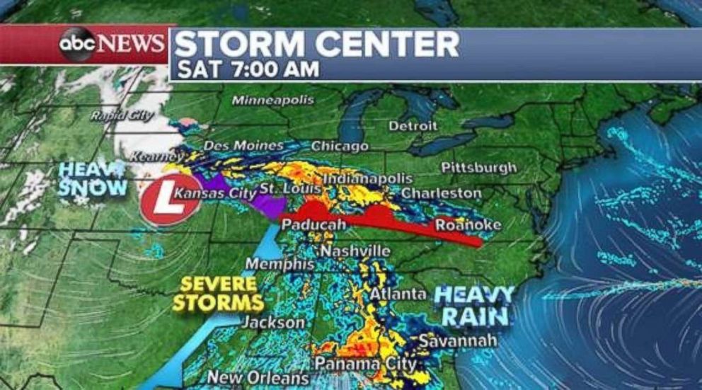PHOTO: Heavy snow will fall in the Plains while severe storms and heavy rain move into the South on Saturday.