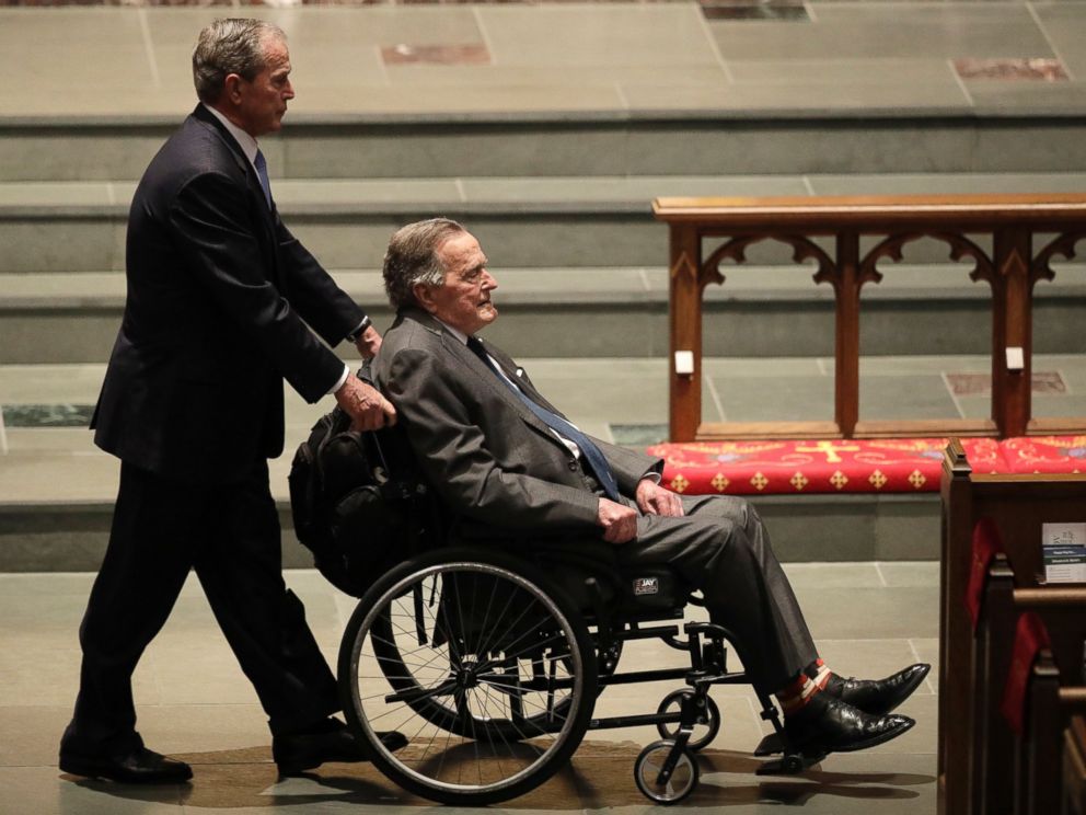 PHOTO: Former Presidents George W. Bush, left, and George H.W. Bush arrive at St. Martins Episcopal Church for a funeral service for former first lady Barbara Bush, April 21, 2018, in Houston. 