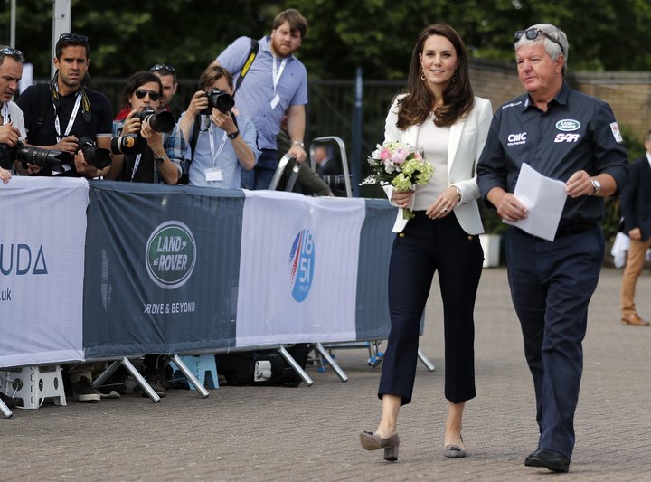 The Duchess of Cambridge is welcomed by Keith Mills as she attends the Land Rover BAR Roadshow in London on June 16, 2017.
