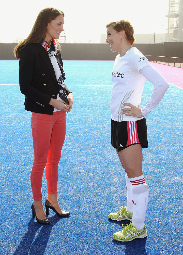 Women's Team GB hockey captain Kate Walsh and Catherine, Duchess of Cambridge chat in Olympic Park on March 15, 2012, in Lond