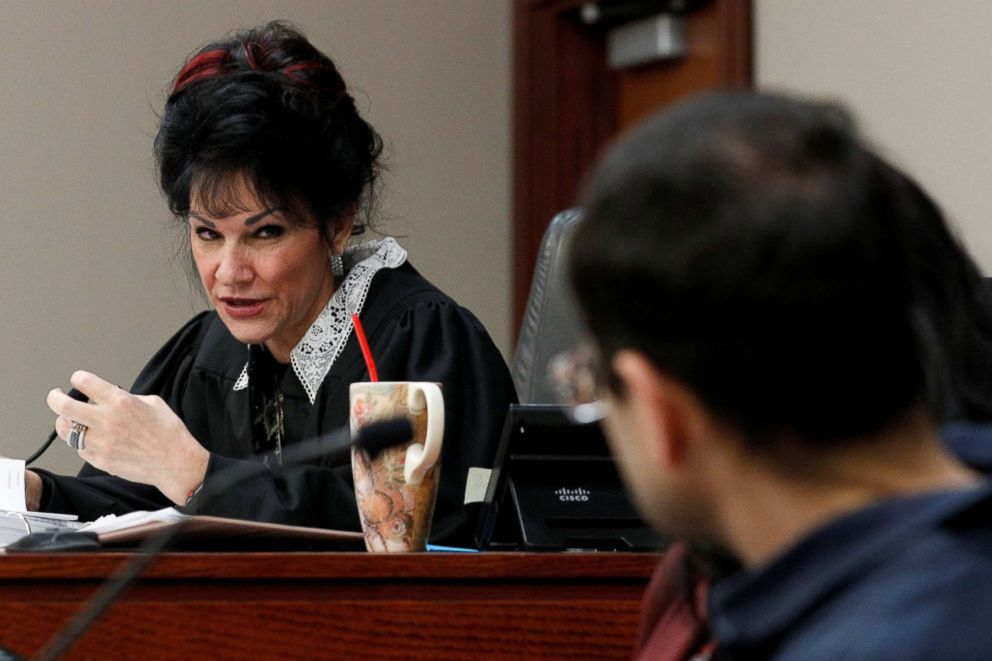 PHOTO: Circuit Court Judge Rosemarie Aquilina addresses Larry Nassar, a former team USA Gymnastics doctor who pleaded guilty in November 2017 to sexual assault charges, during his sentencing hearing in Lansing, Mich., Jan. 18, 2018. 