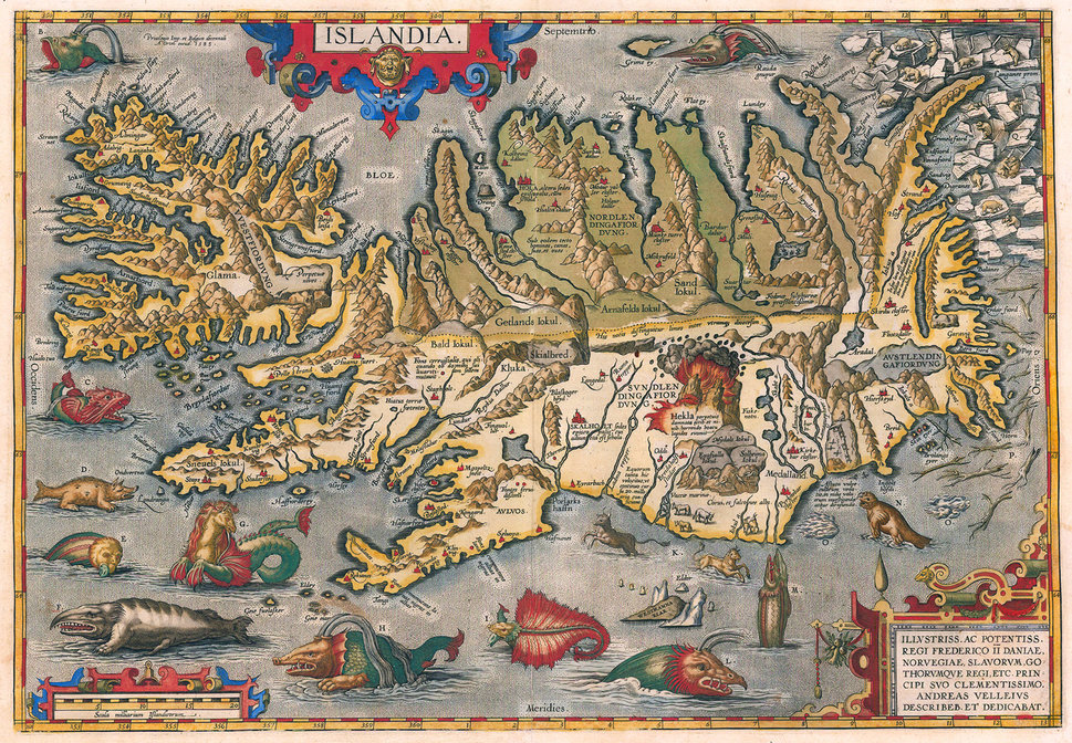 Ortelius&rsquo; 1587 map of Iceland, complete with exploding volcanoes and mythological sea creatures.