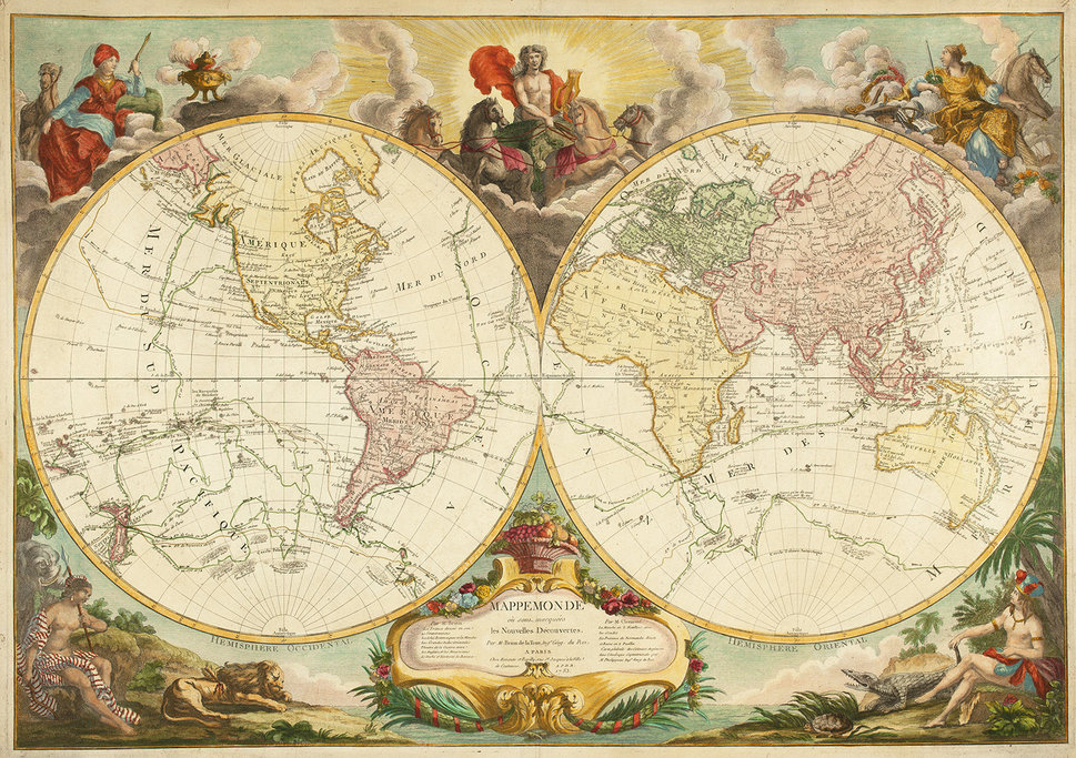 A decorative, double-hemisphere map by Louis Brion de la Tour, from 1783, which tracks the voyages of Captain James Cook.