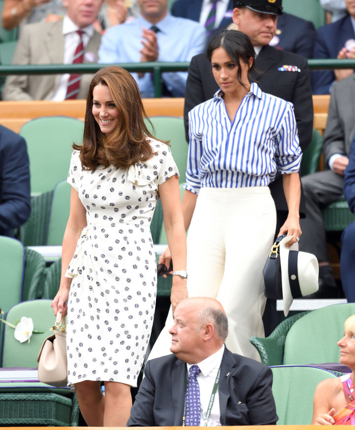 Catherine, Duchess of Cambridge, and Meghan, Duchess of Sussex, attend the Wimbledon Tennis Championships on July 14 in Londo