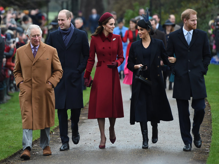 Left to right, the Prince of Wales, the Duke of Cambridge, the Duchess of Cambridge, the Duchess of Sussex and the Duke of Su