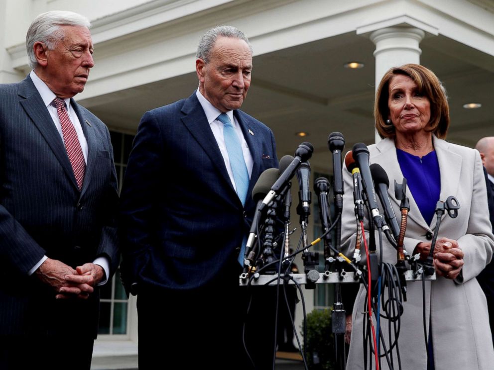 PHOTO: Speaker of the House Nancy Pelosi, right, and Senate Minority Leader Chuck Schumer speak to reporters along with House Majority Leader Steny Hoyer, left, in Washington, Jan. 4, 2019.