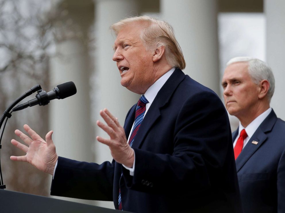 PHOTO: President Donald Trump speaks to reporters in the Rose Garden after a meeting with Congressional leaders about the government shutdown at the White House in Washington, Jan. 4, 2019. Vice President Mike Pence is at right.