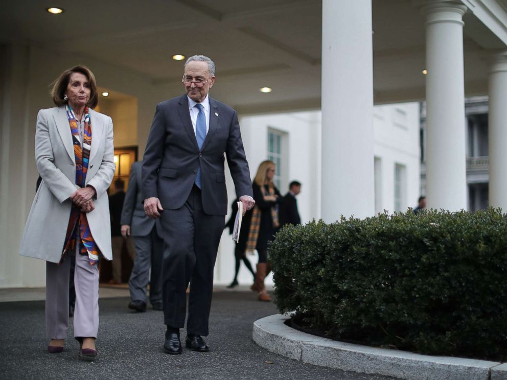 PHOTO: House Speaker designate Nancy Pelosi and Senate Minority Leader Charles Schumer walk out of the West Wing of the White House following a meeting with President Donald Trump about border security, Jan. 2, 2019.