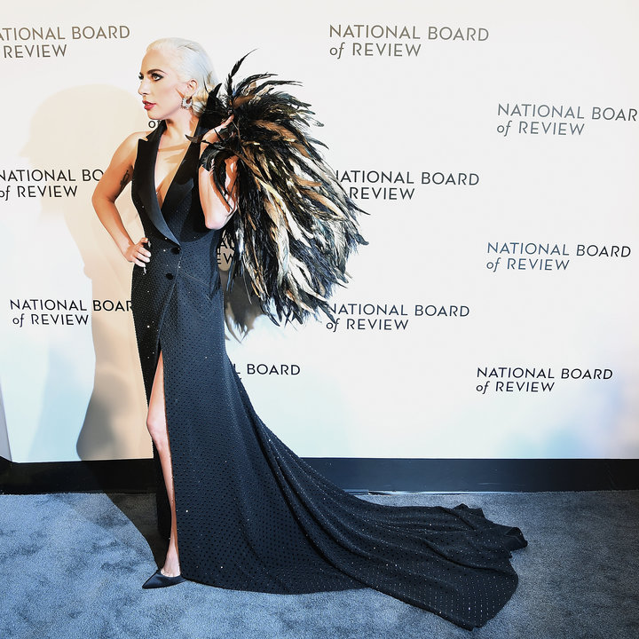 Gaga in a custom black tuxedo dress by Ralph Lauren. So, so dramatic.