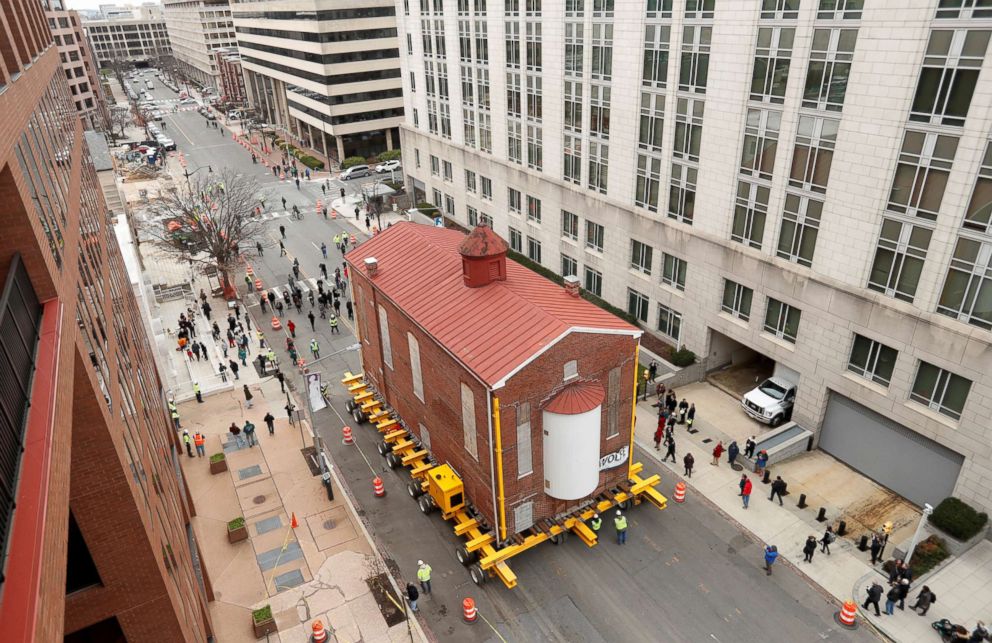 PHOTO: Washingtons first and oldest synagogue, Adas Israel Synagogue, is moved via a remote controlled platform to its new location where it will become be the cornerstone of the Capital Jewish Museum on 3rd St. NW in Washington, DC, Jan. 9, 2019.