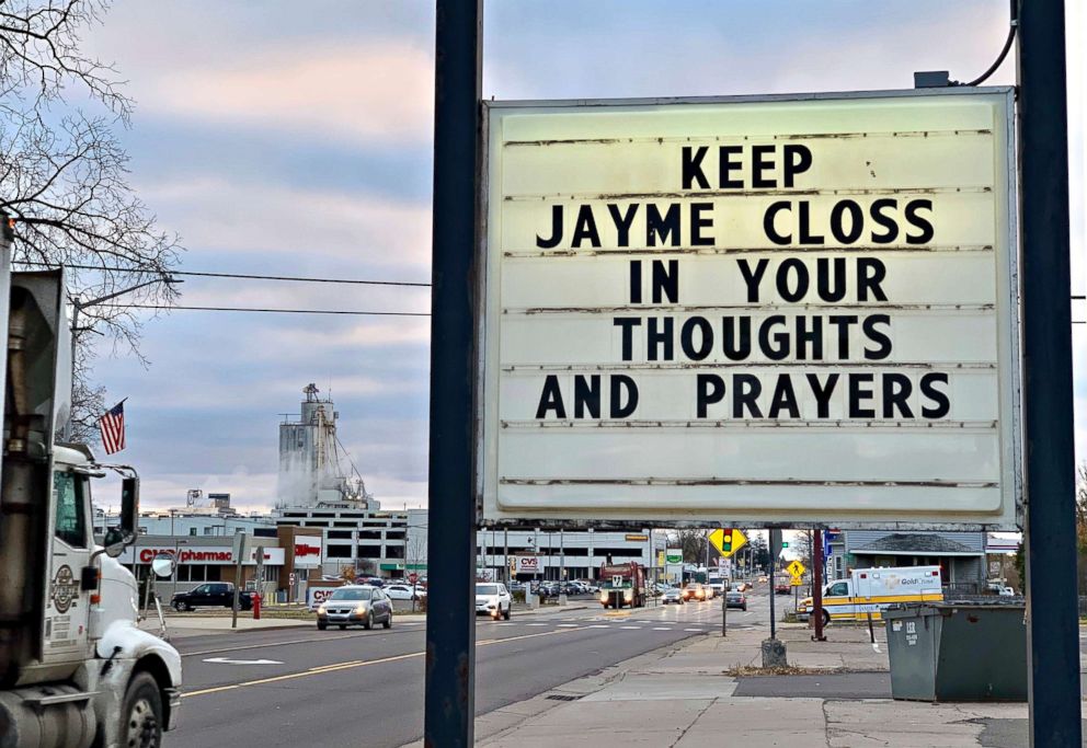 A sign is seen in the small town of Barron, Wis., Oct. 23, 2018, where 13-year-old Jayme Closs was discovered missing Oct. 15 after her parents were found fatally shot at their home. A search was being organized to find the couples missing daughter. 