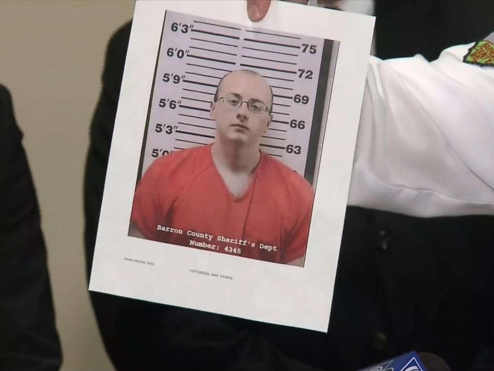 PHOTO: Barron County Sheriff Chris Fitzgerald holds a booking photo of the suspect in the kidnapping of Jayme Closs, that he identified as Jake Thomas Patterson, during a press conference in Barron, Wis., Jan. 11, 2019.