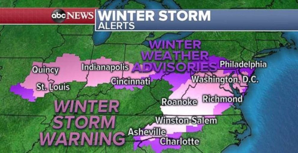 PHOTO: Winter storm warnings and winter weather advisories are in place from the Midwest to the East Coast on Sunday.