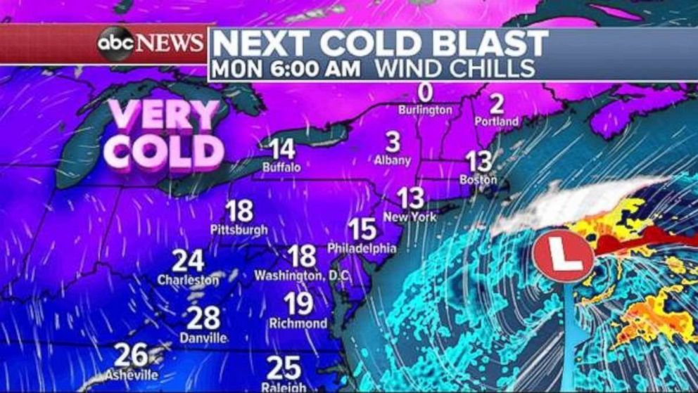PHOTO: The temperatures will drop on Monday after the storm moves into the Atlantic Ocean.