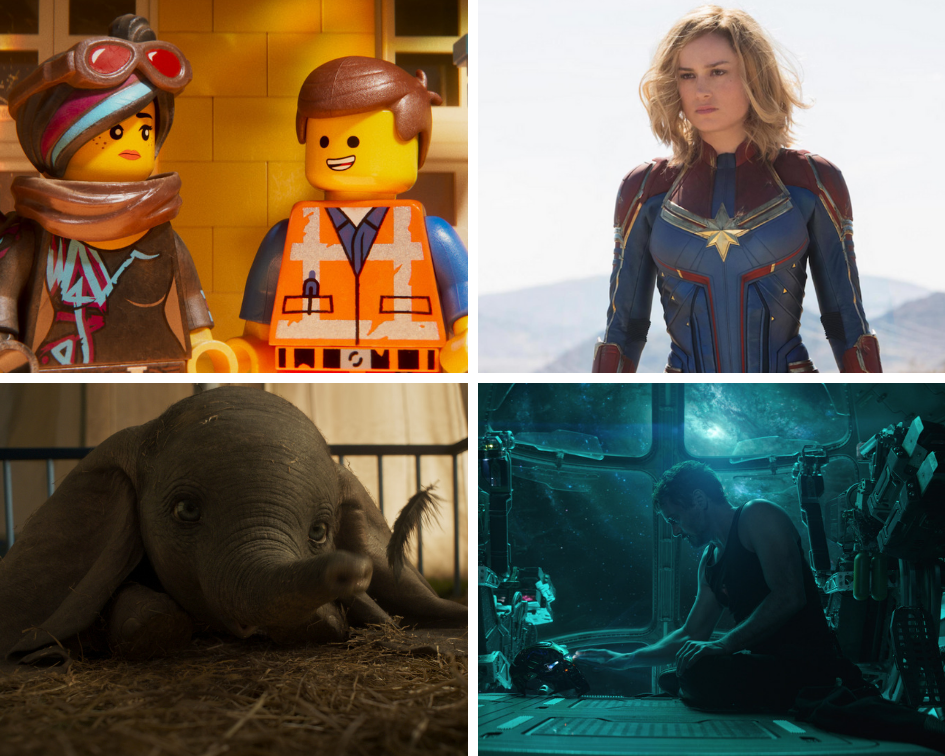 Clockwise from top left: "The Lego Movie 2: The Second Part," "Captain Marvel," "Avengers: Endgame" and "Dumbo."
