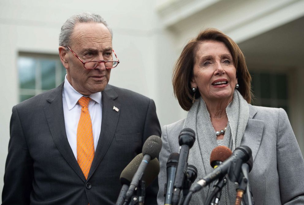 PHOTO: Senate Democratic Leader Chuck Schumer and Speaker of the House Nancy Pelosi talk to the media following a meeting with President Donald Trump about the partial government shutdown at the White House, Jan. 9, 2019.