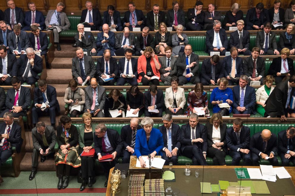 PHOTO: Britains Prime Minister Theresa May talks during a debate before a no-confidence vote raised by opposition Labour Party leader Jeremy Corbyn, in the House of Commons, London, Jan. 16, 2019.