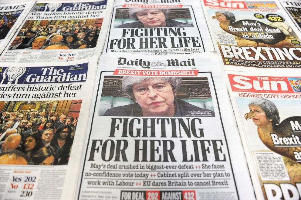 PHOTO: An arrangement of daily newspapers photographed in London on Jan. 16, 2019 shows front pages reporting on the UK parliaments rejection of the governments Brexit deal.