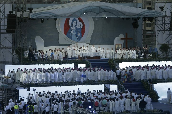 Priests celebrate mass during the opening ceremony of World Youth Day Panama 2019, in Panama City, Tuesday, Jan. 22, 2019. Po