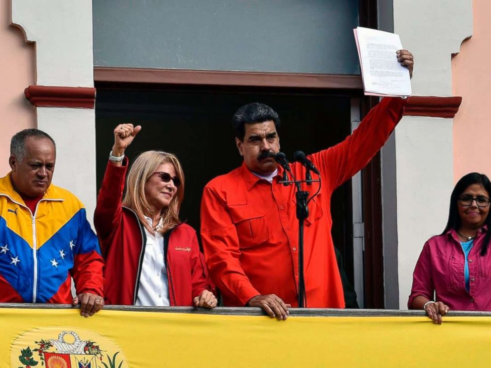 PHOTO: Venezuelas President Nicolas Maduro announces his is breaking off diplomatic ties with the United States during a gathering in Caracas on Jan. 23, 2019.