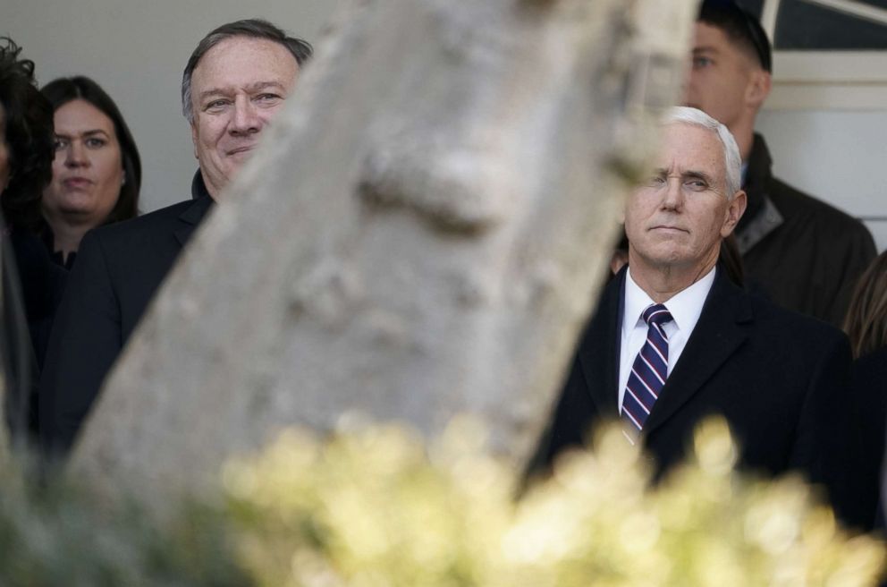 PHOTO: White House press secretary Sarah Huckabee Sanders, Secretary of State Mike Pompeo and Vice President Mike Pence listen to President Donald Trump announce a deal to end the government shutdown in the Rose Garden of the White House, Jan. 25, 2019.
