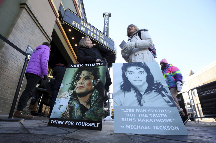 Protesters outside the Sundance Film Festival premiere of "Leaving Neverland" on Jan. 25.
