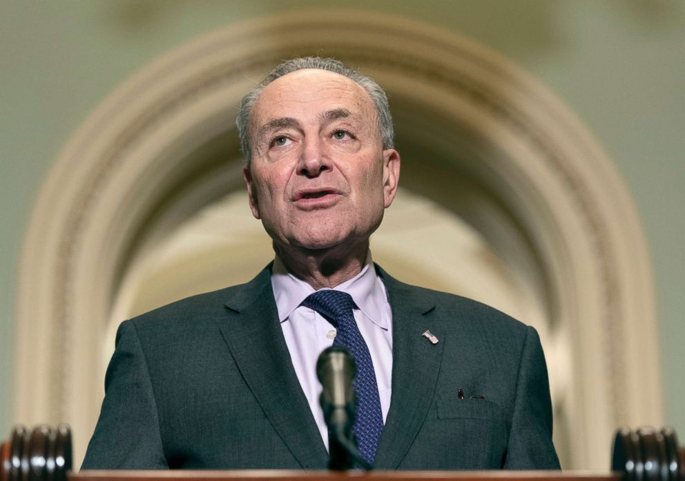 PHOTO: Chuck Schumer speaks to the media about the nomination of William Barr to be Attorney General, Jan. 16, 2019, on Capitol Hill in Washington, DC.