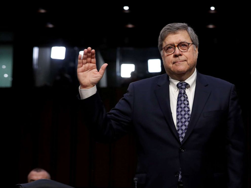 PHOTO: William Barr is sworn in to testify at the start of his U.S. Senate Judiciary Committee confirmation to be attorney general of the United States on Capitol Hill in Washington, Jan. 15, 2019.
