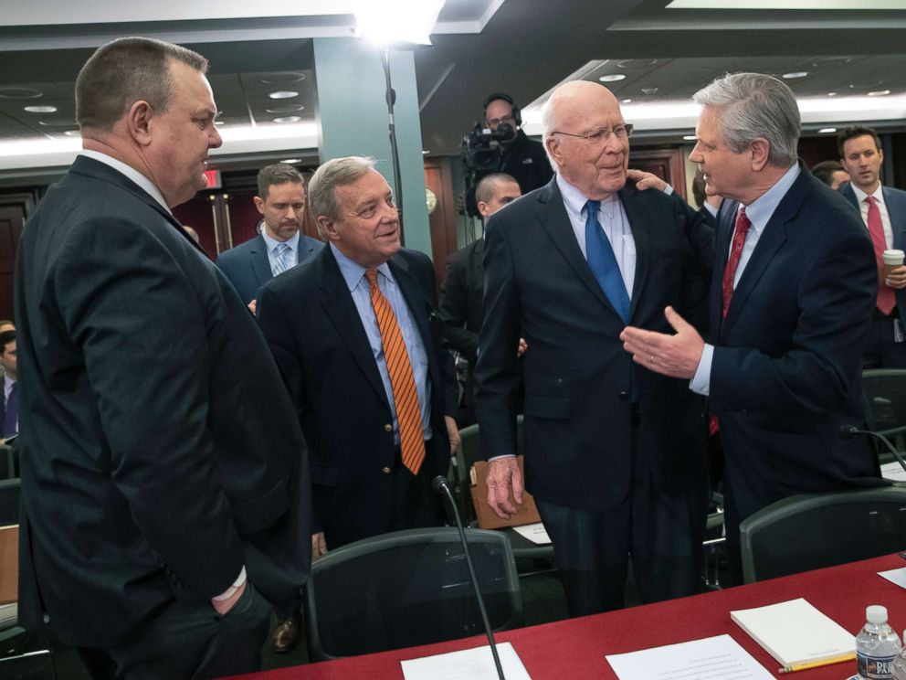 PHOTO: From left, senators, Jon Tester, Dick Durbin, Patrick Leahy and John Hoeven talk before a bipartisan group of House and Senate bargainers to craft a border security compromise at the Capitol in Washington, Jan. 30, 2019.