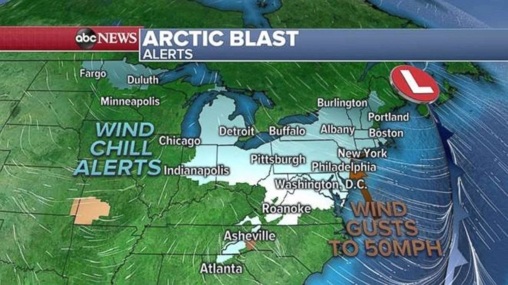 The Arctic blast is producing wind chill alerts and gusts of up to 50 mph.